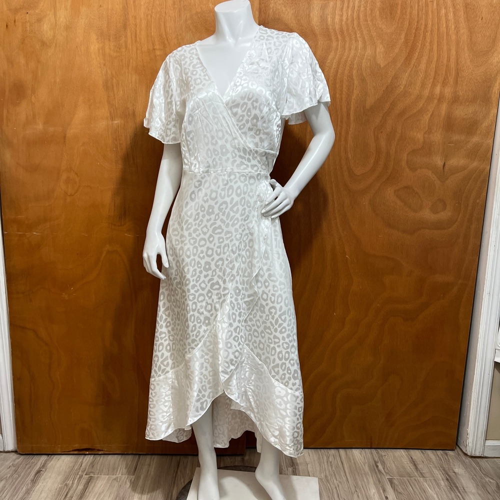 Simplee White Satin Leopard Print Wrap Maxi Dress L Flutter Sleeve High Low